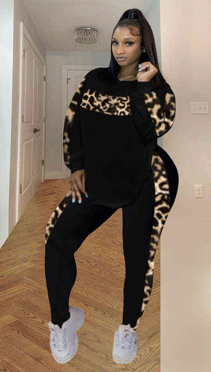 Kvinnors plus -storleksspårsuits Somo Leopard Pants Set Women Plus Size Two Piece Outfits Långärmad topp Top Tracksuit Pants Matching Set Wholesale Dropshipping L220905