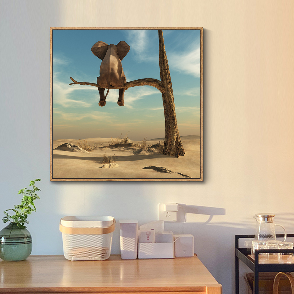 Canvas målning Abstrakt elefant sitter på trädet tryckt på djurväggkonstbild tryckt och affisch för vardagsrumsdekor