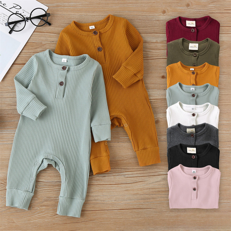 Rompers 018m unisex doğumlu erkek bebek kız düğmesi romper toddler pamuklu düz renkli örgü şerit uzun kollu tulum bebek giyim 220905