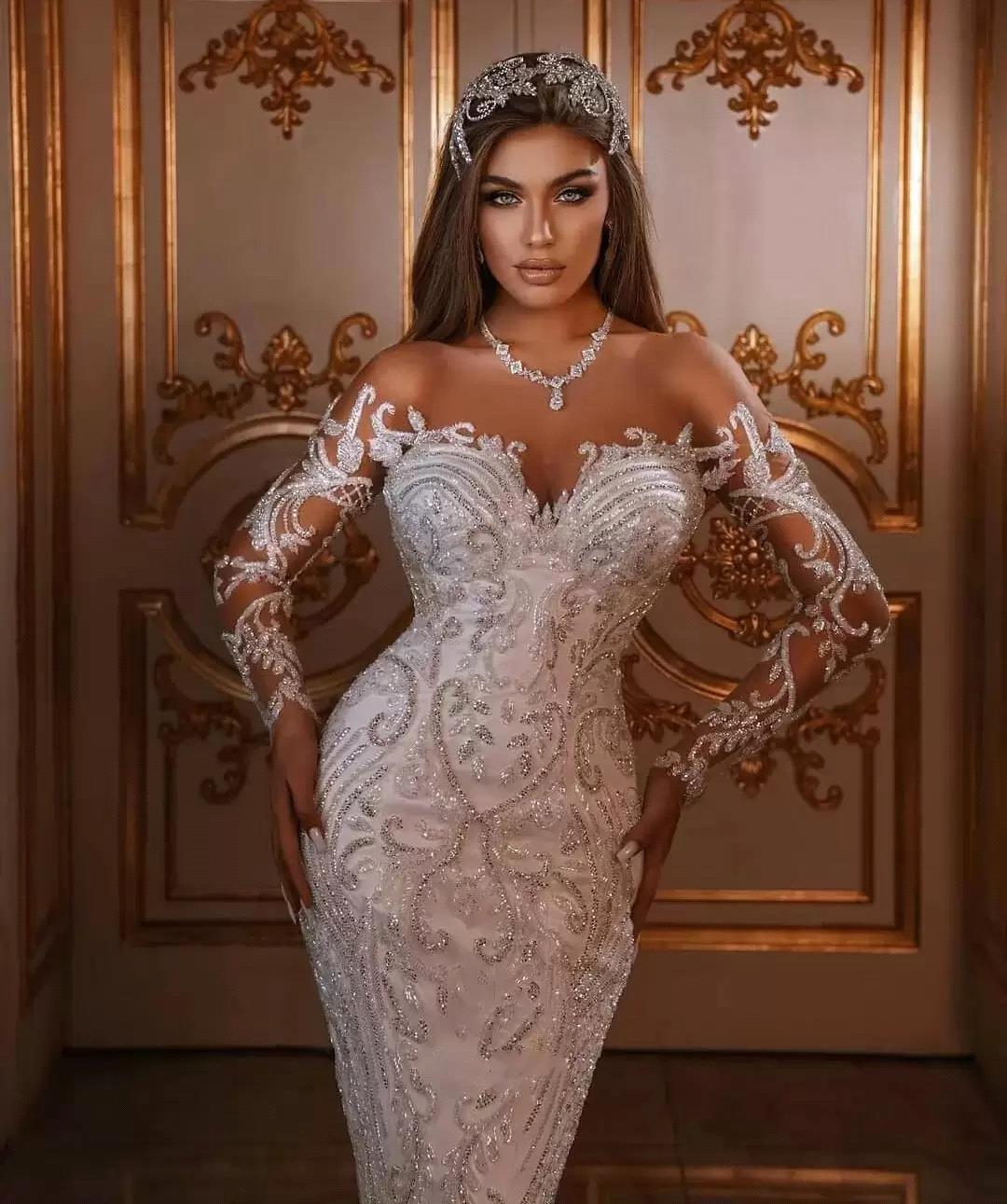 2022 Vestido de noiva de sereia de luxo com saia destac￡vel Aplique vestidos de noiva de trompete ￡rabe aplicados com mangas compridas bohemian Robe de BC12776