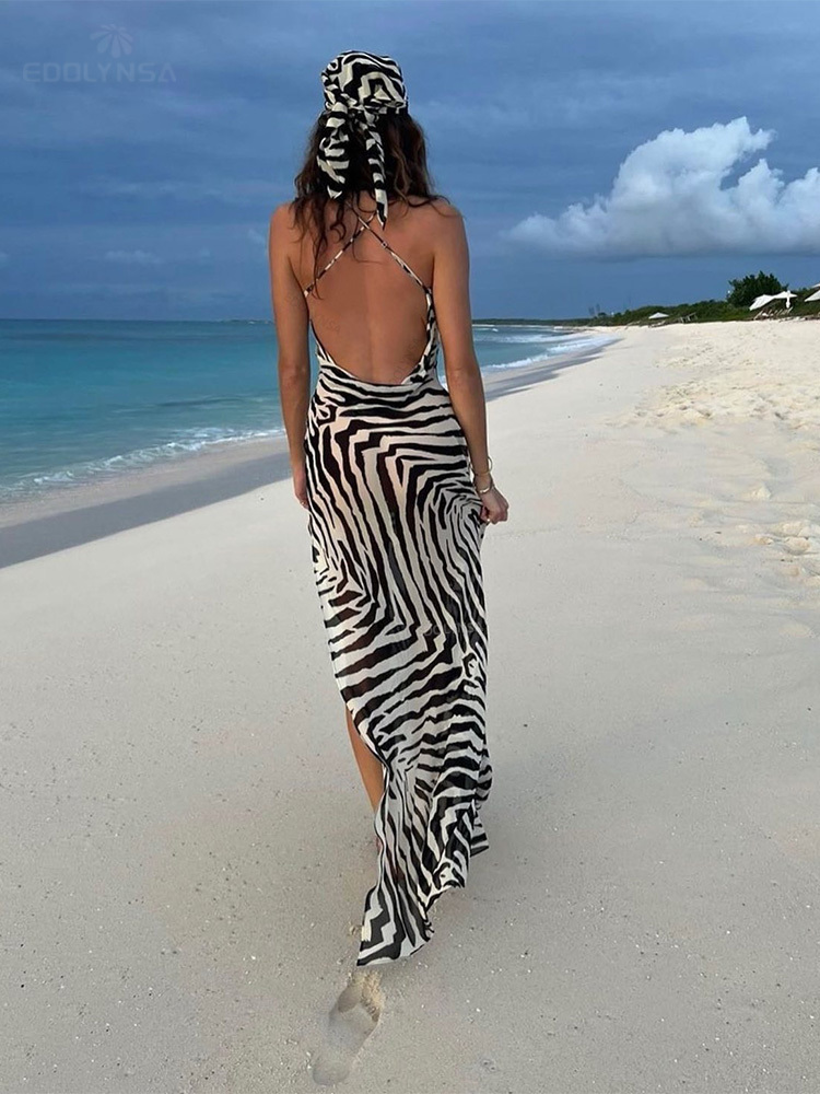 Sıradan elbiseler seksi spagetti kayış yan bölünmüş plaj elbise yaz sundress kadınlar kıyafetler zarif zebra arka açık kulüp parti elbiseler a1144 220905