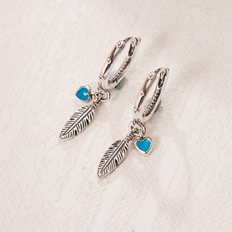 Boucles d'oreilles créoles plumes coeurs bleus femmes bijoux de fête de mariage en argent sterling 925 avec boîte d'origine pour pandora amour pendentif ensemble de boucles d'oreilles