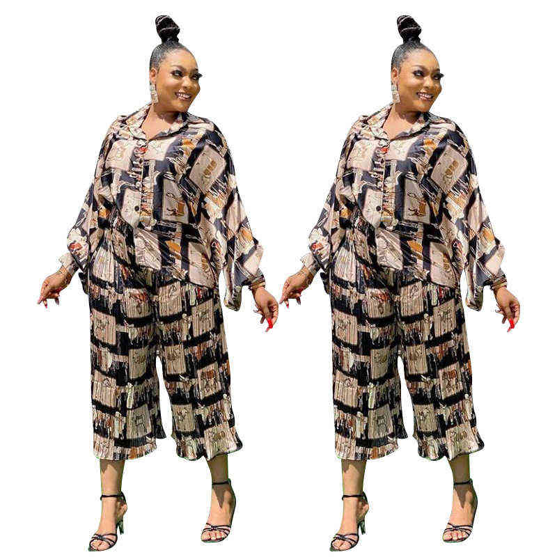 Women's Plus Size Tracksuits Plus Size Two Piece Set Women 3XL 4XL Plus Size Long Shirt Top Outfits 2021 Dashiki Print Streetwear Pleated Wide Leg Pants Fit L220905