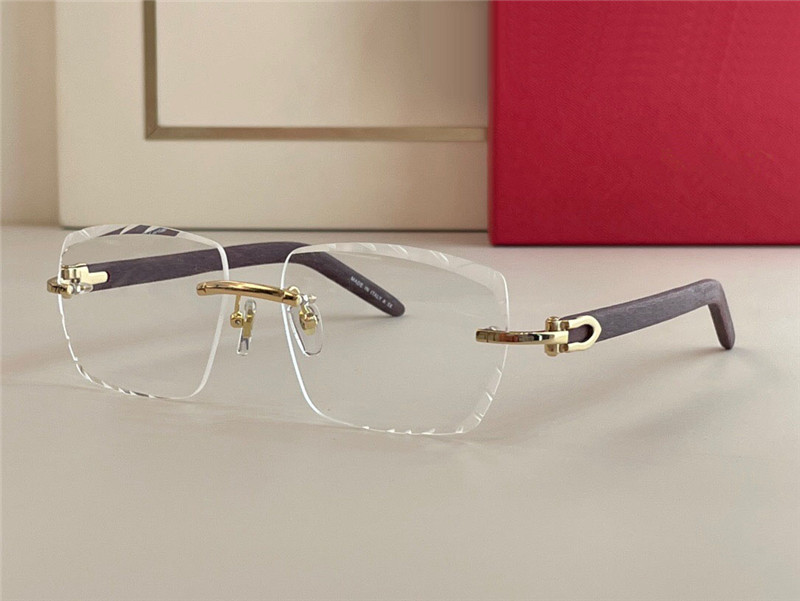 Neue Modedesign-Sonnenbrille 0013 randlose, quadratisch geschnittene Linse, Holzbügel, einfacher und beliebter Stil, UV400-Schutzglas für den Außenbereich, 1196432