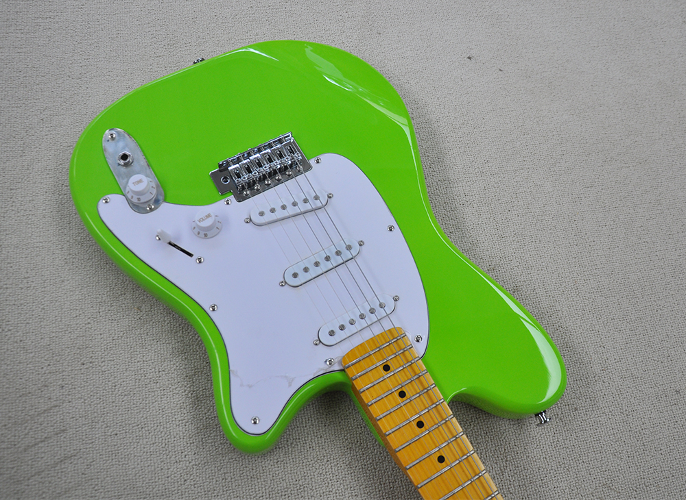 Guitarra eléctrica verde de 6 cuerdas con pastillas SSS, diapasón de arce amarillo, se puede personalizar a petición