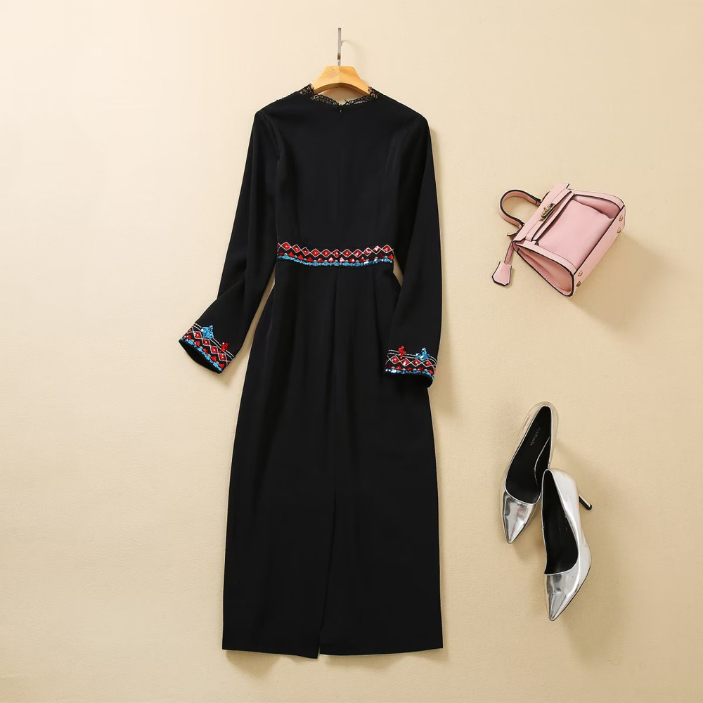 2022 Autumn v Neck Floral equins dritery bruted black long sleeve mid-calf dresses 22a081601