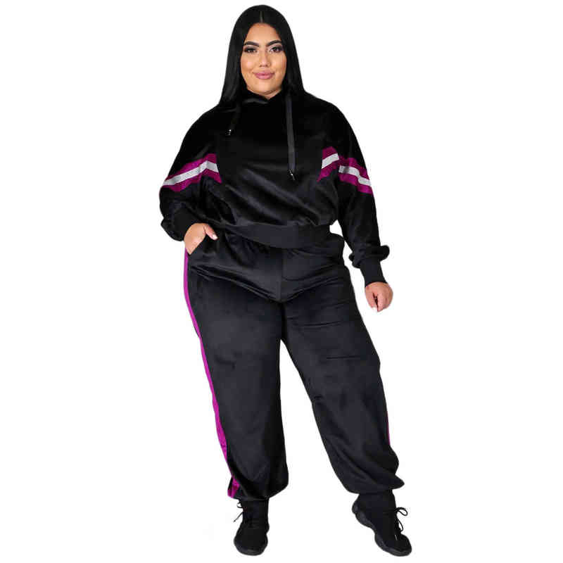 Women's Plus Size Tracksuits Velvet Trendy Plus Size Women Clothing Tracksuits Fashion Hooded Tops Casual Pants Patchwork Sexy Two Piece Sets Wholesale L220905