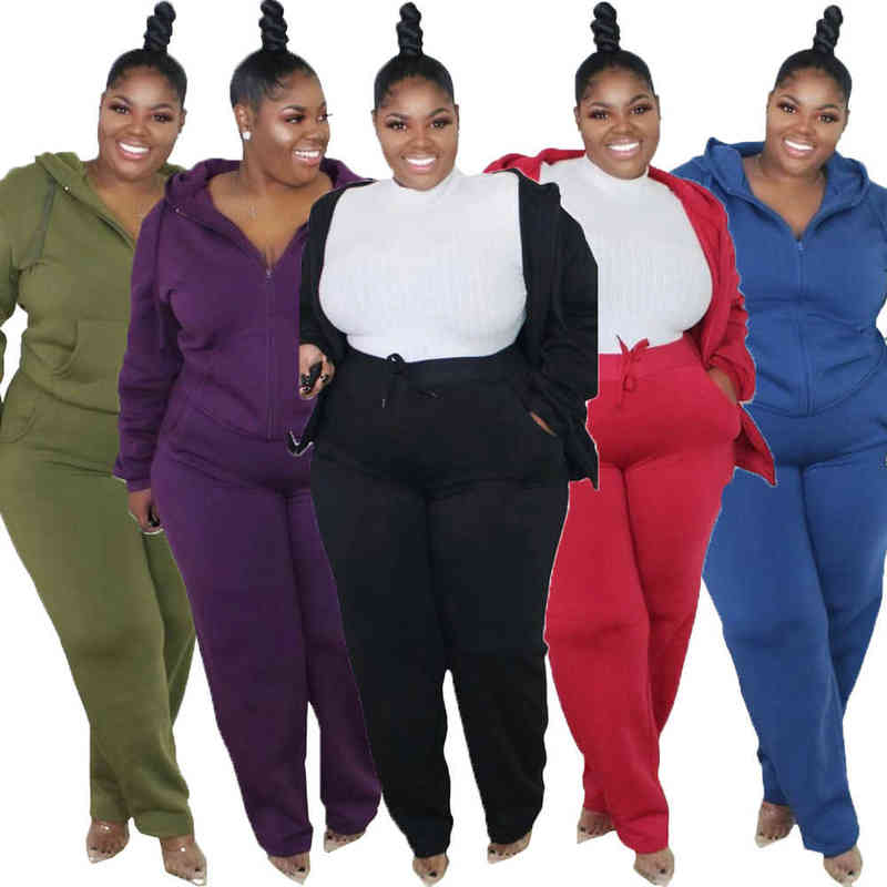 Survêtements de grande taille pour femmes Pantalons Fit Survêtements Couleur unie Fermeture à glissière Poche à capuche Mode Plus Taille Femmes Vêtements Deux pièces Ensembles en gros Dropshipping L220905