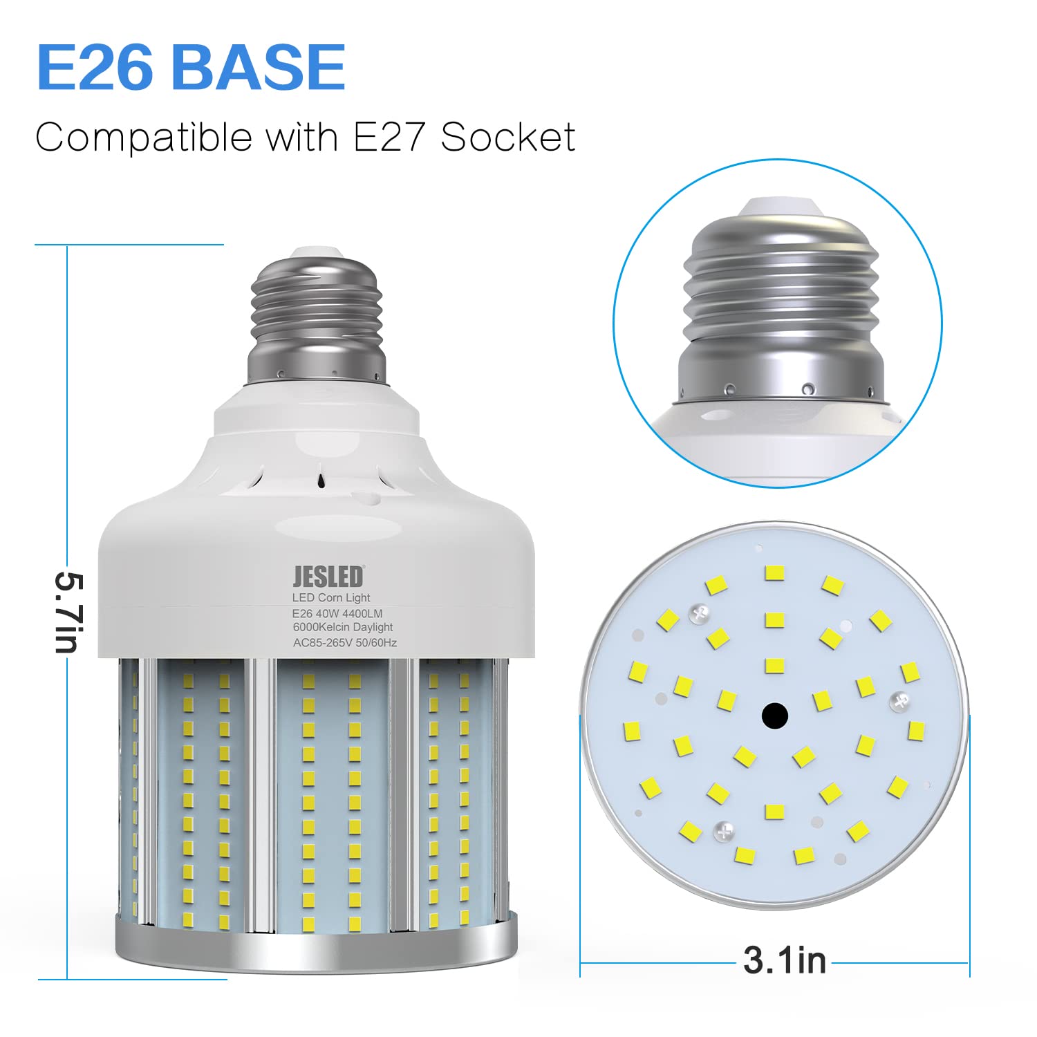 2022 NEW 280W Equivalent E26 LED Corn Bulb E26/E27 Medium Base 40W 4400 Lumens 6000K Large Area Cool Daylight White Indoor Outdoor Garage Warehouse Factory Porch