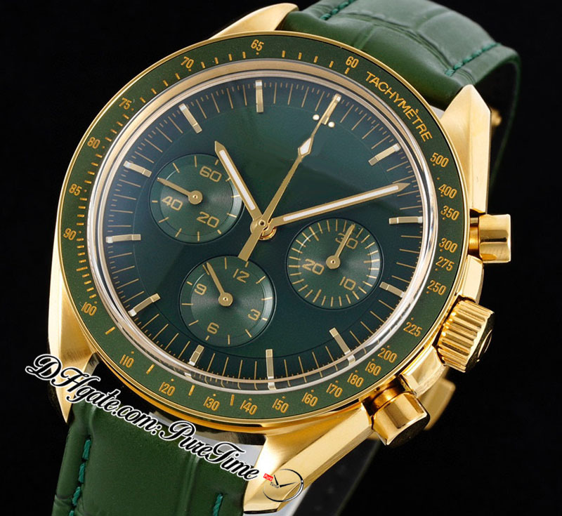 RMF Moonwatch Moonshine Manual Winding Chronograph Mens Watch 2022 18K Yellow Gold Green Dial Rubber 310.63.42.50.10.001 Apollo 11 50th Anniversary Edition Puretime A1