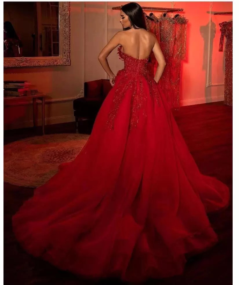Vermelho Árabe Aso Ebi Renda Elegante Vestidos de Baile Luxuosos Cristais Frisados Sexy Noite Festa Formal Vestido de Segunda Recepção