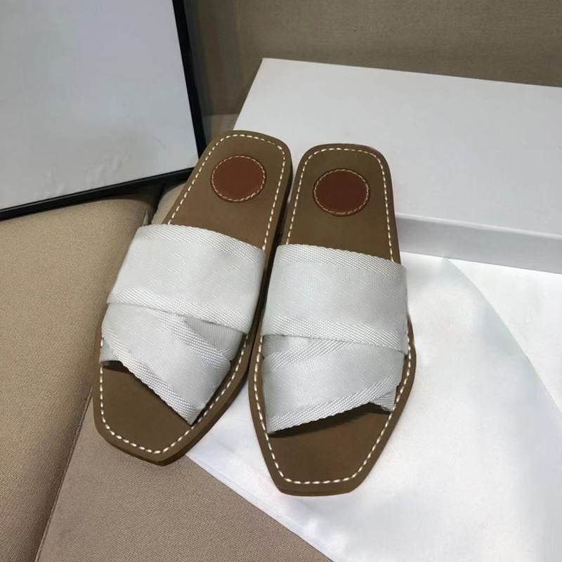 Designer Women Slippers Premium Wooden Muller Slippers Branded Canvas Cross Braided Sandals Summer Outdoor Open Toe Casual Slippers Letter Shaped Shoes