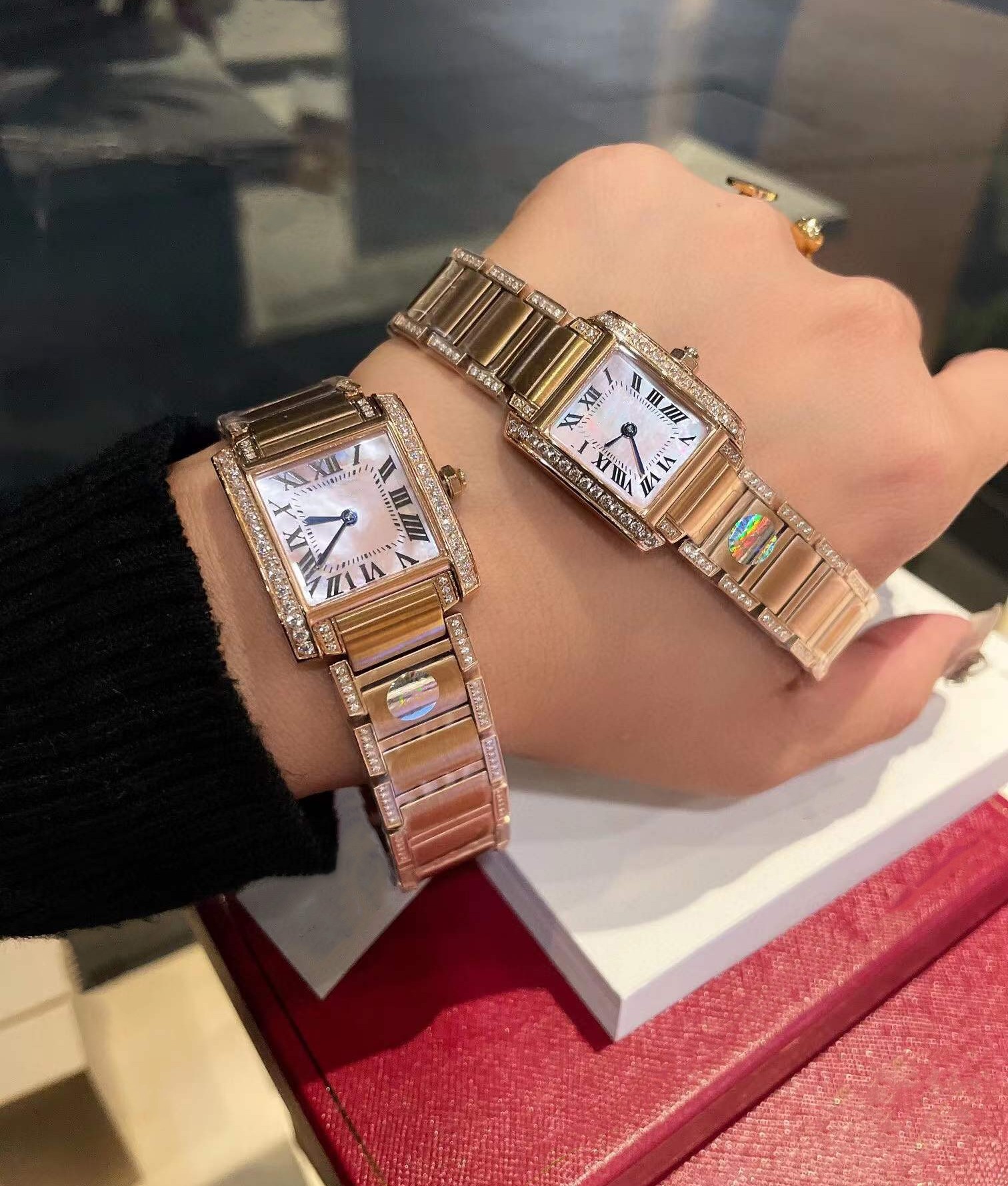 Classic Stainless Steel Quartz Tank Watches Pink Mother Of Pearl Wristwatch Female Roman Numerals Dial Zircon Clock Women Geometric Rectangle Watch WaterProof