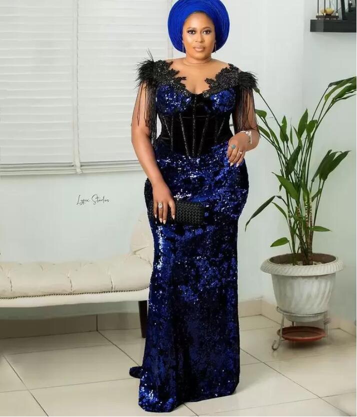 Royal Blue Sequins Valvet African Prom Dresses Sheer O-neck Long Sleeve Lace Beaded Aso Ebi Evening Engagement Gown