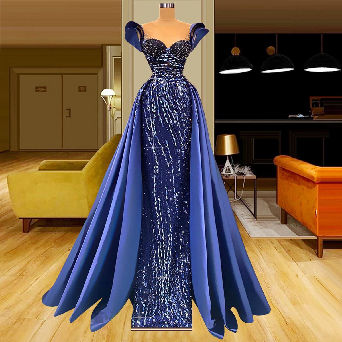 Robes de soirée sirène bleu foncé sans manches col en V profond 3D dentelle satin perlé longueur de plancher appliques paillettes perlées célébrité plus la taille robes de soirée robe de bal