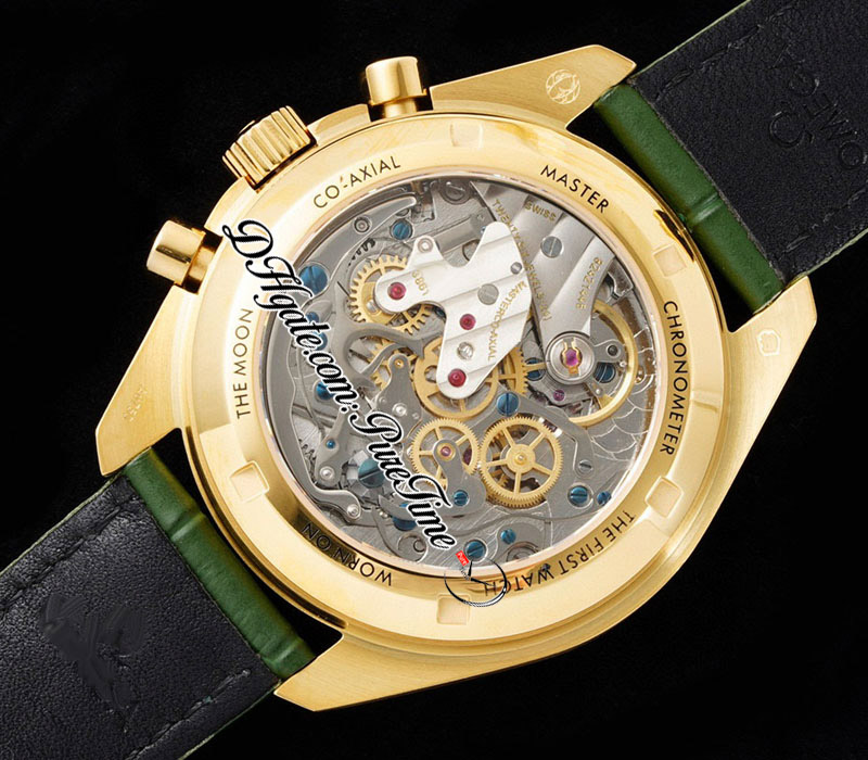 RMF Moonwatch Moonshine Manual Winding Chronograph Mens Watch 2022 18K Yellow Gold Green Dial Rubber 310.63.42.50.10.001 Apollo 11 50th Anniversary Edition Puretime A1