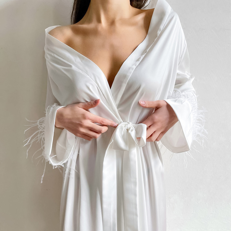 Abito da donna Hiloc Piuma di raso di seta maniche lunghe Camicia da notte da donna Abito bianco Abito elegante Accappatoio Abiti da sposa femminili Inverno 220830