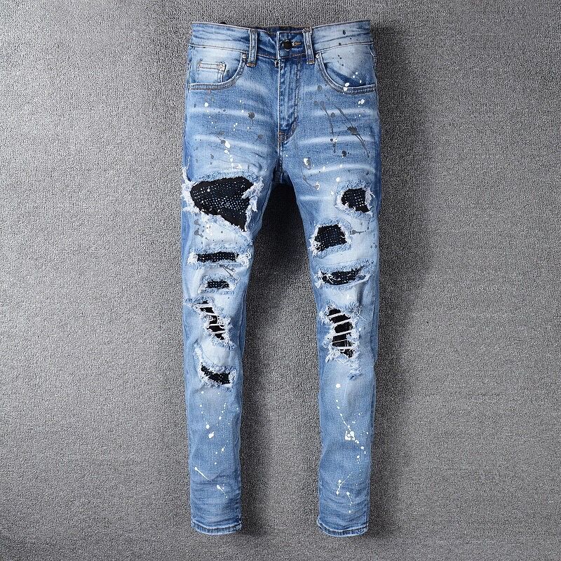 2023 Men's Jeans European Jeans Letter Star Men Embroidery Patchwork Ripped For Trend Brand Motorcycle Mens Pants Skinny