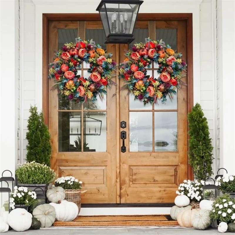 Party Decoration Fall Peony And Pumpkin Sunflower Wreath for Front Door Home Farmhouse Decor Festival Celebration Thanksgiving Wreath Decor 220905