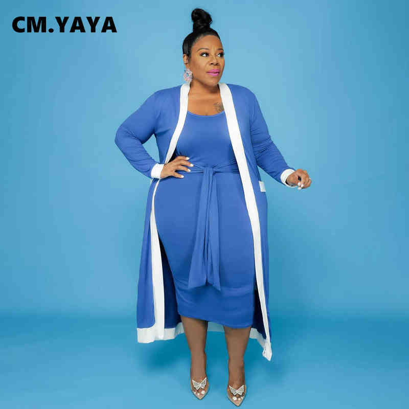 Women's Plus Size TraCKsuits Cm. Yaya Women Plus Size Set Patchwork Full Sleeve Long JaCKet O-neCK Bandage Lace Long DrESS Two Sets Outfit Summer L220905