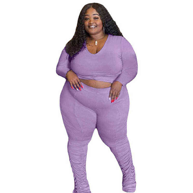 PLUS SIZE Tracksuits voor dames plus size kleding Vrouwen paarse outfit geribbelde loungewear lange mouwen Crop Top Two Piece broek set groothandel dropshipping l220905