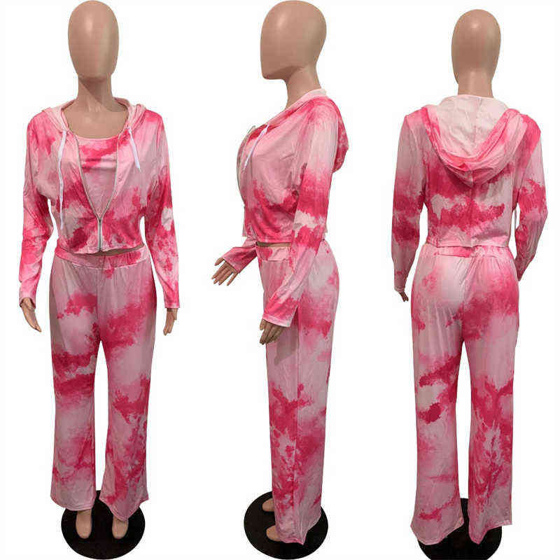 Kvinnors plus -storlek Tracksuits Plus Size Women Clothing Three Piece Tie Dye Vest Long Sleeve Jacket and Pants Set Outfits Tracksuit Set Wholesale Dropshipping L220905