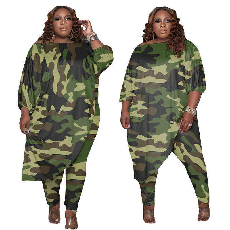 Survêtements grande taille pour femmes grande taille vêtements pour femmes deux pièces ensemble tenues d'automne haut à manches longues et ensembles de pantalons camouflage survêtement en gros livraison directe L220905