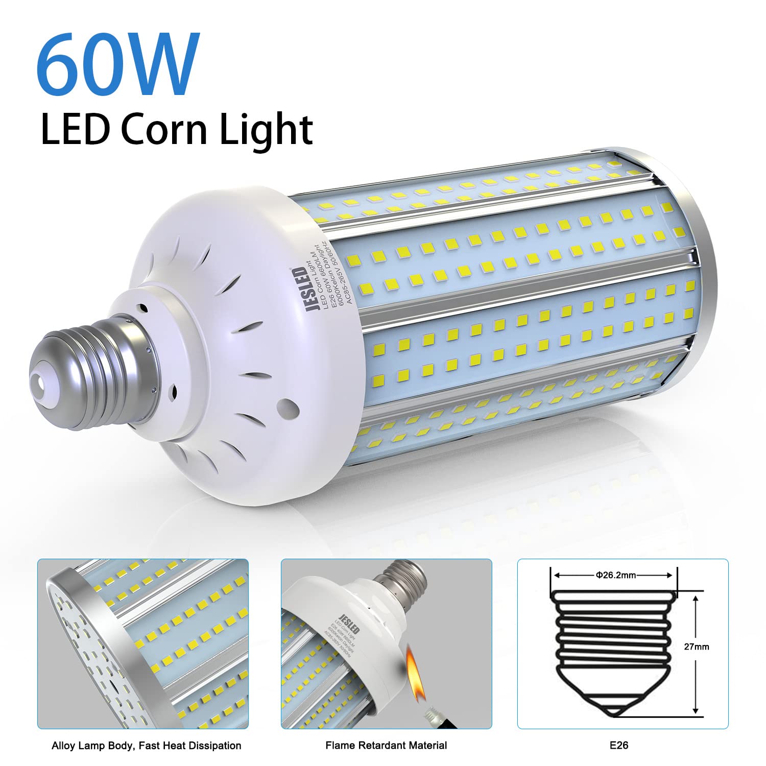 US STOCK 500W Equivalent LED Corn Light Bulb 60W 6600 Lumen 6000K Large Area Cool Daylight White E26/E27 Medium Base Suitable for Indoor Outdoor Garage Warehouse