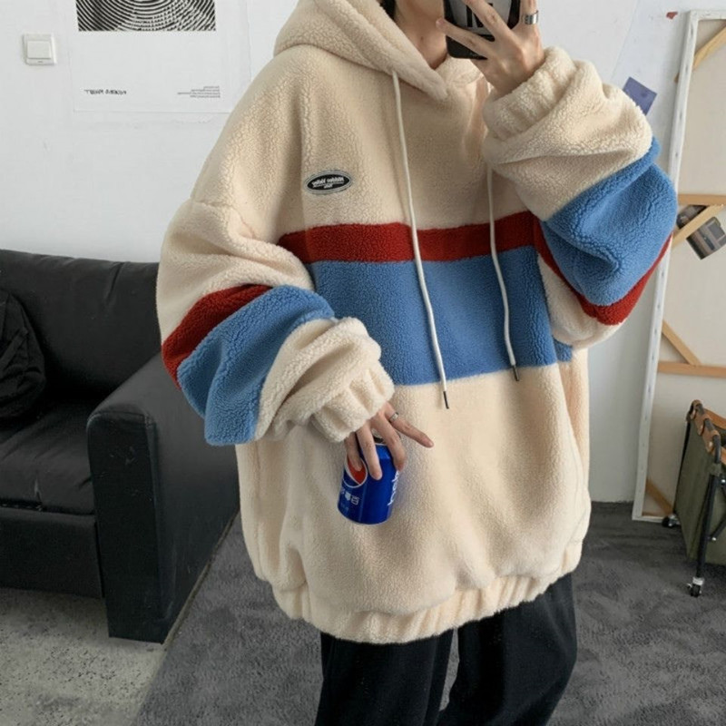 Erkek Hoodies Sweatshirts Japonya Kore tarzı moda polar hoodies erkek patchwork şerit kapüşonlu sweatshirtler erkek gevşek ceketler öğrenci rahat üst kısımlar 220905