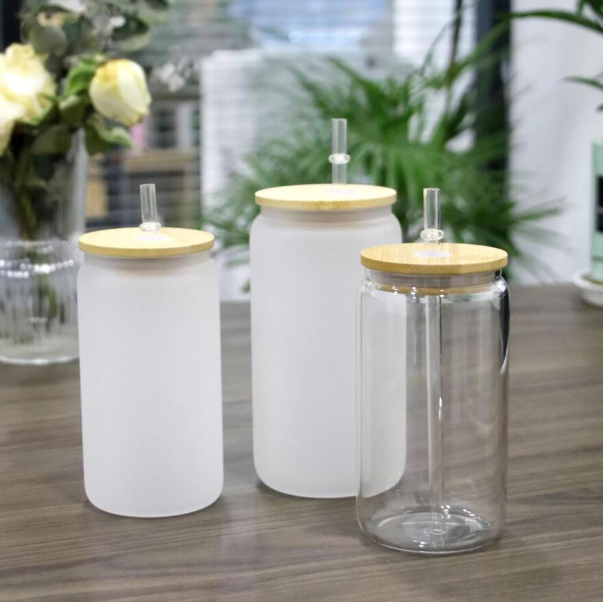 US Warehouse 2 dias entrega de 16 onças de sublimação canecas de vidro transparente cola lata lata com tampa de bambu e reutilizáveis ​​de palha de cerveja de palha