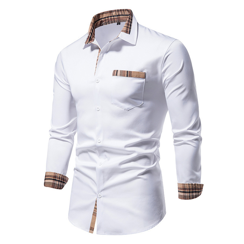 Men's Casual Shirts PARKLEES Autumn Plaid Patchwork Formal Shirts for Men Slim Long Sleeve White Button Up Shirt Dress Business Office Camisas 220905
