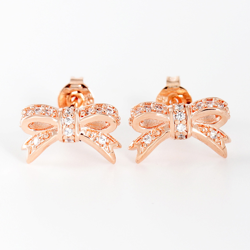 Rose Gold Sparkling Bow Stud ￶rh￤ngen S￶ta kvinnor 925 Sterling Silver Party Jewelry for Pandora CZ Diamond Girlfriend Gift Earring Set med originall￥da