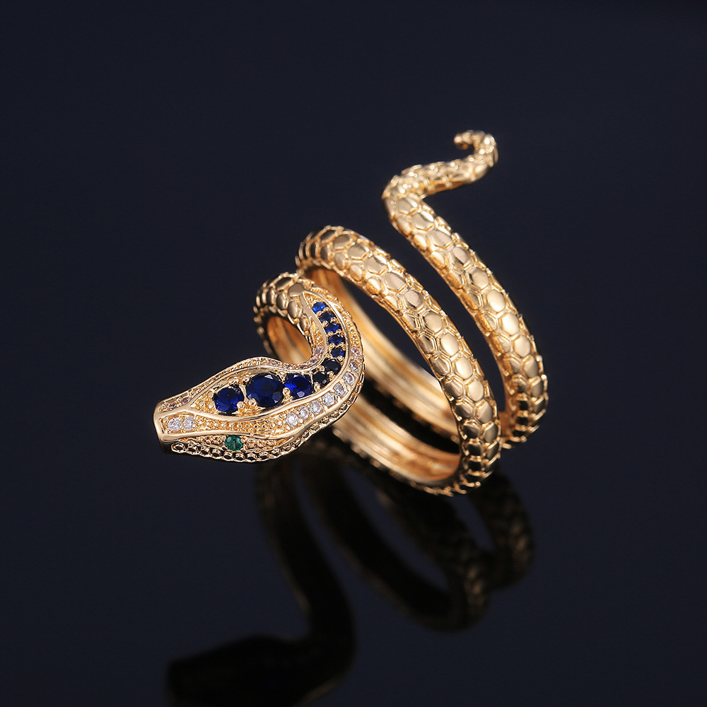 Top Quality Copper Blue Crystal Snake Ring for Men Women Punk Style Rhinestone Bling Gothic Animal Rings Hip Hop Fashion Jewelry