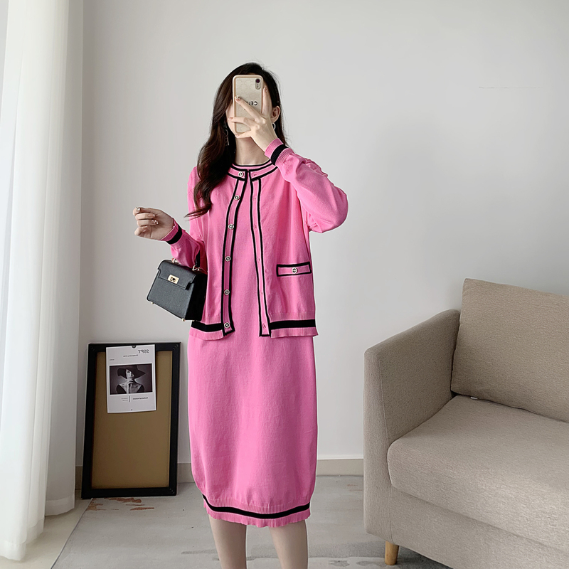 Robe de deux pièces Vintage tricoté 2 pièces ensembles tenues pour femmes élégant cardigan à manches longues à manches courtes robe midi ensemble costumes de mode coréenne 220906