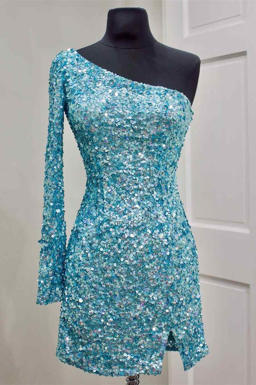 2023 Formal Evening Dresses for Women One Shoulder Short Prom Dresses with Long Sleeve Sequin Front Split Homecoming Dress