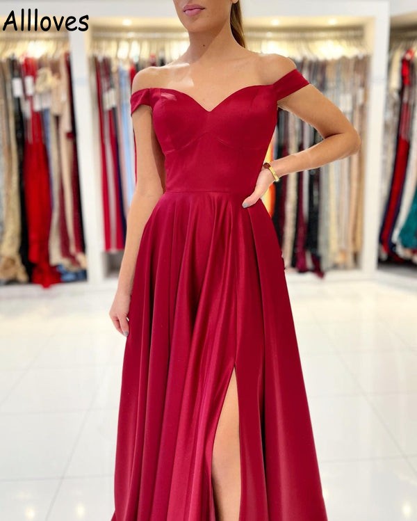 Red Off The Shoulder Bridesmaid Dresses Long Sexy Side Slit A Line Simple Evening Prom Gowns Floor Length Arabic Aso Ebi Maid Of Honor Wedding Guest Dress CL0134