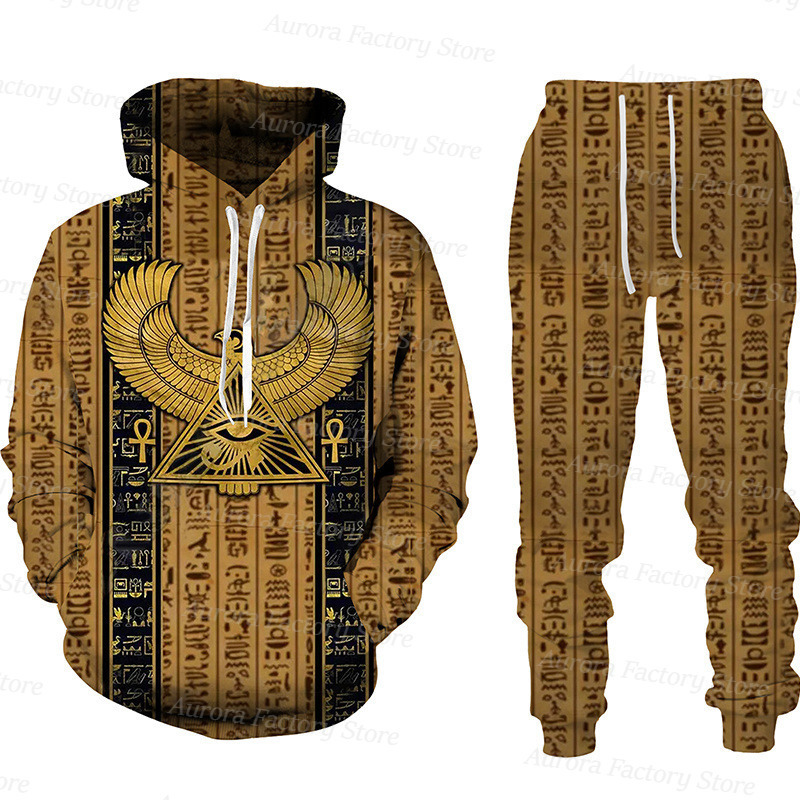 Heren tracksuits heren tracksuit 2 -delige vintage hoodie set Egyptische mythologie outfit pak lange mouw comfortabele dagelijkse kleding met hoed 220906