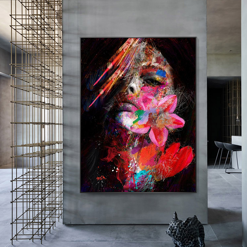 Canvas Painting Abstract Women With Flower Graffiti Art Posters And Prints Wall Art Pictures For Living Room Home Decoration