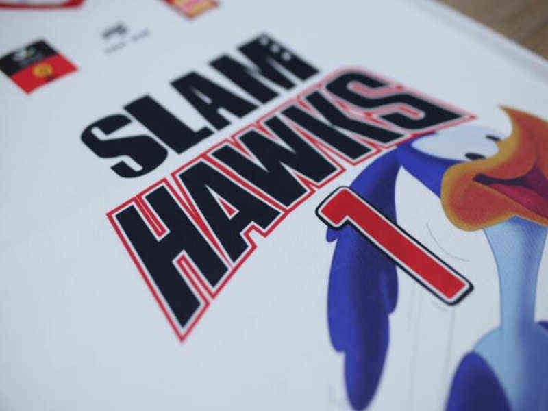 College nosi mężczyzn Slam Hawk European League wydrukowane lamelo #1 koszulki Białe fioletowe niebieskie kule koszykówki