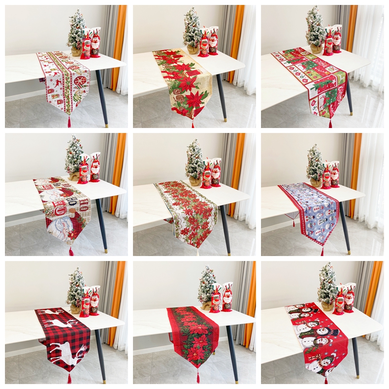 Corredor de mesa de Natal 33X180cm / 13X71 polegadas Tecido de algodão poliéster Mesas de jantar Festa de casamento Homem da neve Elk Floral Toalha de mesa macia Decoração Presente HY0096