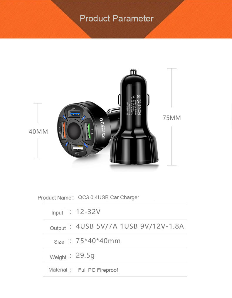 QC3.0 Schnelles 4-Port-USB-Autotelefon-Ladegerät, Multifunktions-Auto-Adapter für iPhone, Samsung, GPS, iPad, Tablet, Android-Gerät