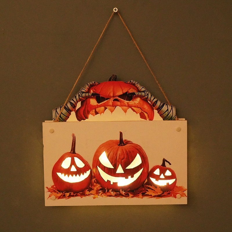 Party Decoration Halloween Night Light Wood Door Plate Ornaments Hanging Pumpkin Lantern Holiday Doorplate Wall Crafts 220905