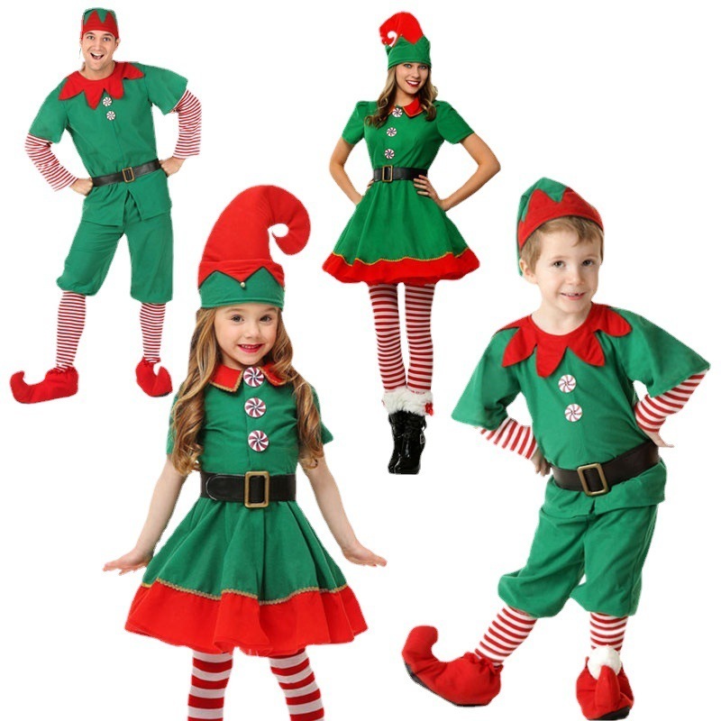 Special Occasions Men Women Girls Boys Christmas Santa Claus Costume Green Elf Cosplay Family Christmas Party Year Fancy Dress Clothes Set For 220905