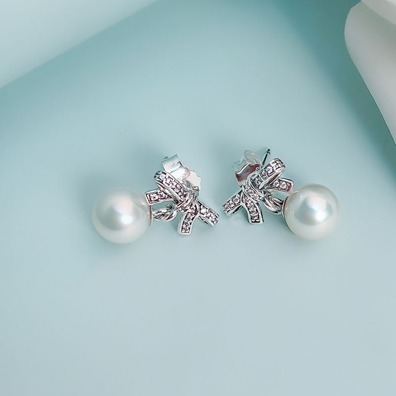 Set di gioielli firmati da donna con ciondolo a forma di fiocco di perle bianche orecchini da regalo di fidanzamento in vero argento sterling Pandora con SCATOLA originale