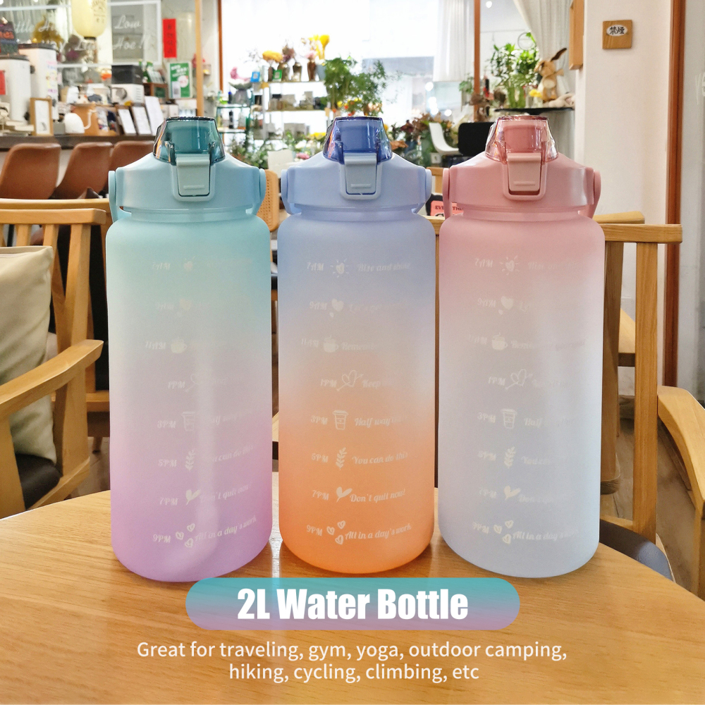 Large Capacity Water Bottle with Straw 2L Drinking Bottles with Handle for Hiking Travel Outdoor Sports Gym Fitness