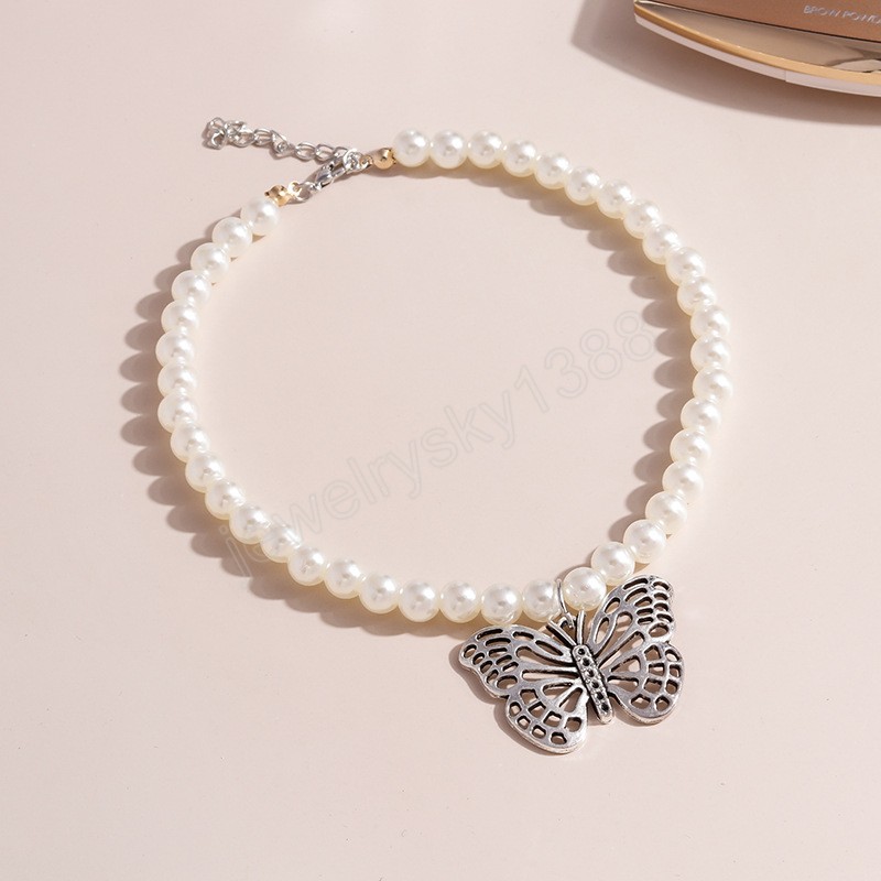 Korea Chic Hohl Schmetterling Anhänger Halskette Handgemachte Simulierte Perle Perlen Halskette Femme Schmuck