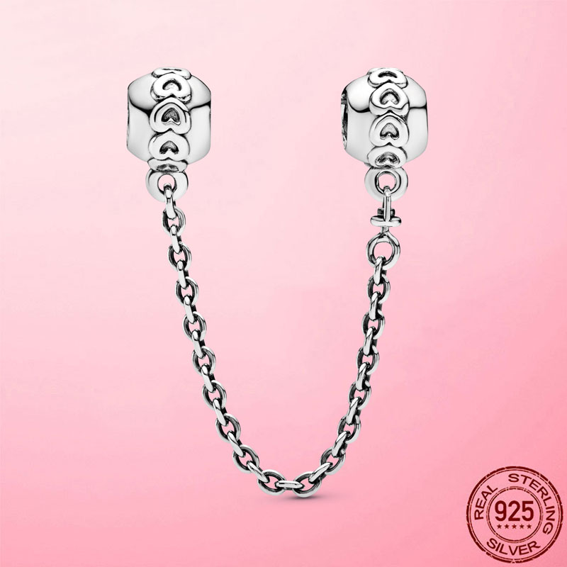 925 Silver Charm Beads Dangle Band of Hearts Safety Chain Bead Fit Pandora Charms Bracelet Diy Jewelry Association