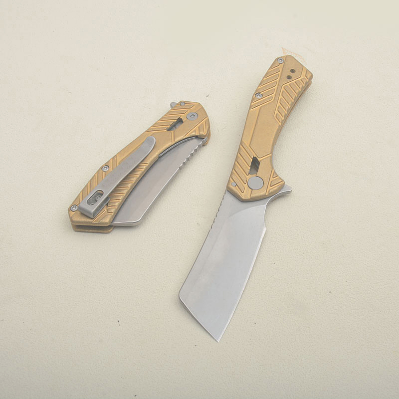 High Quality K6445 Flipper Folding Knife 8Cr13Mov Gray Titanium Coated Tanto Blade Gold Stainless Steel Handle Ball Bearing Folder Knives with Retail Box