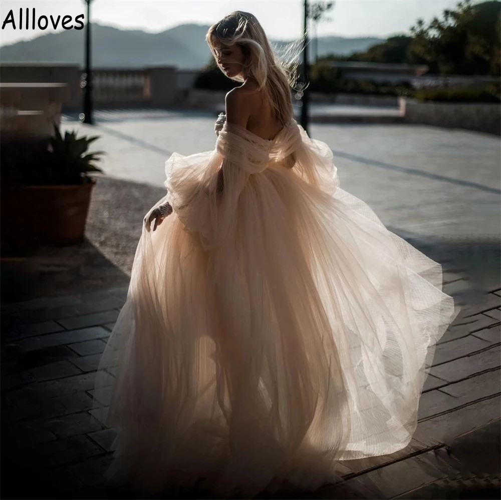 Романтическое тюль Champange Свадебные платья для невесты для шнуровки невесты от плеч