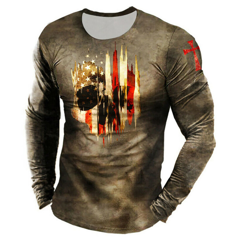 T-shirts pour hommes Vintage Print Tshirt 3d Templar Shirt Us Long Sleeve Street Hip Hop Loose Crew Neck Fall Top Plus Size Men Pullover Clothes 220906